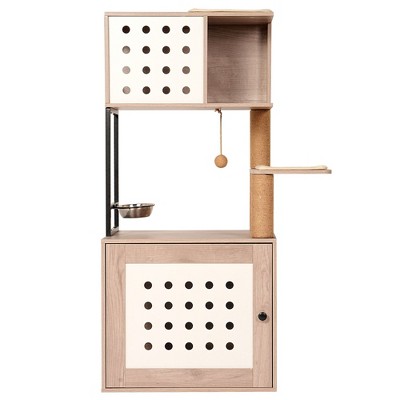 SEVOBAL Pet Tower All-in-One Cat Tree with Litter Box Enclosure, Featuring Hammock, Bed, Food Station, Scratching Posts, Beige, 25.59"*20.08"*7.68"