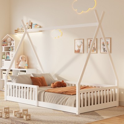 Twin Size House-Shaped Platform Bed with Guardrail, White/Pink-ModernLuxe