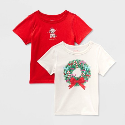 Toddlers 2pk Adaptive Short Sleeve Christmas 'Wreath/Puppy' Graphic T-Shirt - Cat & Jack™ Cream/Red