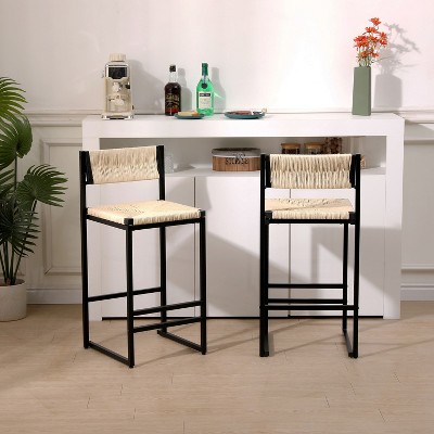 Kumasinova 25" Paper Rope Woven Bar Stools,Set of 2,Counter Heeight Barstools with Metal Footrest for Kitchen Island&Dining Room,220lbs Max