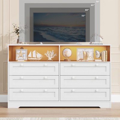Modern 6 Drawers Dressers and Tv Stand for Bedroom ,Wide Wooden Bedroom Dressers with Power Outlet and Led Lights,Storage 0roanizer for Living Room