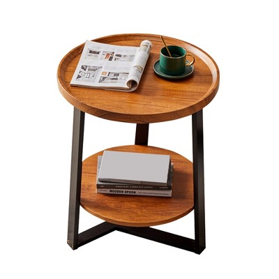 Round Side Table,  2 Tier Bedside Table with Storage, Modern Wood Small Nightstand for Living Room, Bathroom, Bedroom, Walnut