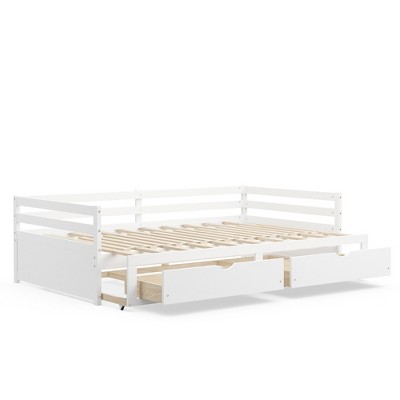 Costway Twin to King Daybed with  2 Drawers Wooden Sofa Bed for Bedroom Living Room White/Cherry