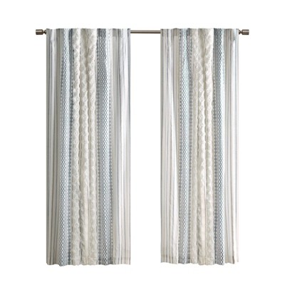 DSVIMOY Curtain Panels, Cotton Printed Curtain Panel with Chenille Stripe and Lining for Living Room, Bedroom, White&Navy, 95"*50"*0.13"