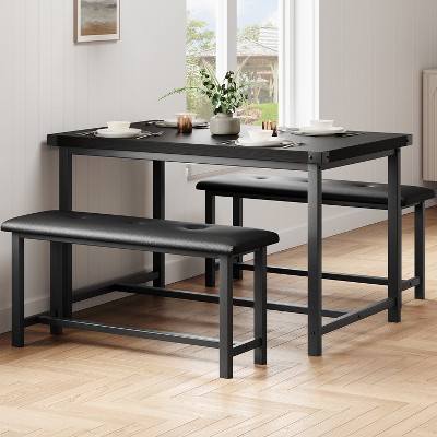 Dining Table Set for 4, Kitchen Table with 2 Upholstered Benches, Wood Kitchen Dining Room Set, for Small Space, Apartment, Home, Dinner