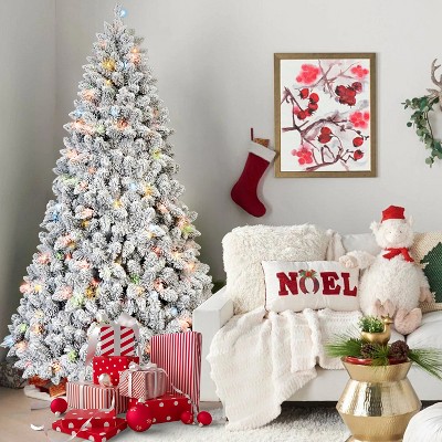 APRILSOUL 4FT Flocked Christmas Tree with 150 Colorful UL Lights and 21 Natural Pine Cones-366 Snowy PVC Tips, Hinged Branches, Metal Stand