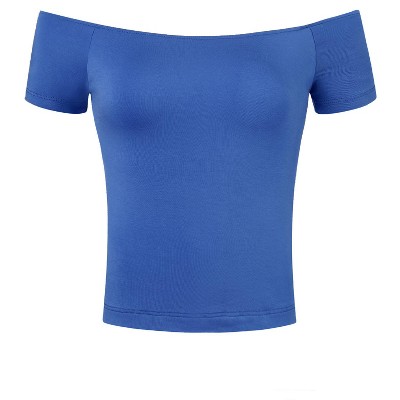 INSPIRE CHIC Women's Short Sleeves Off The Shoulder Stretchy Fabric Solid Crop Top