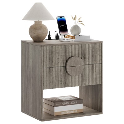 Modern Nightstands, Fluted End Table with 2 Drawers & Open Shelf, Sofa Side Table for Small Spaces, Wooden Bedside Table for Living Room