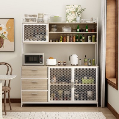 Famapy 59 in. W Kitchen Wood Buffet Sideboard Pantry Cabinet For Dining Room with Metal MDoors 3-Drawers Shelves