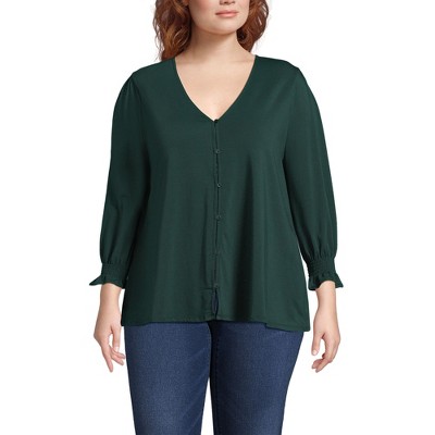 Lands' End Women's 3/4 Sleeve Lightweight Jersey Button Front Top
