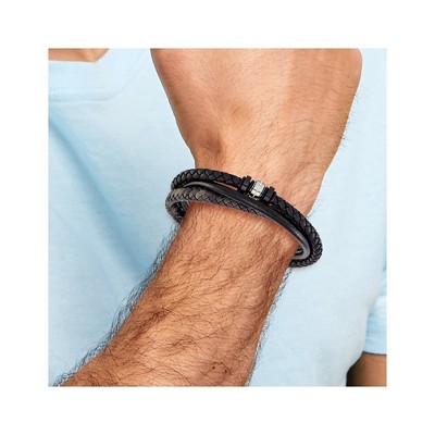Chisel Stainless Steel Polished Black Braided Leather Multi Strand 8.5" Bracelet