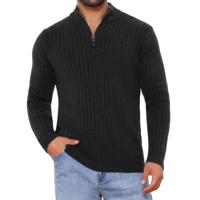 INSPIRE CHIC Men's Solid Color Quarter Zip Knitted Mock Neck Polo Sweater