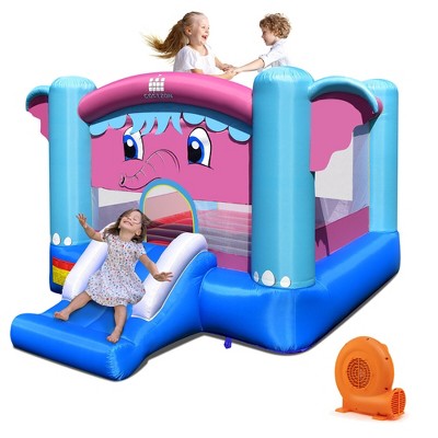 Tangkula Inflatable Bounce House 3-in-1 Theme Inflatable Castle w/ Jumping Area Slide & Basketball Rim Indoor Outdoor Kids Bouncer w/ 550W Blower