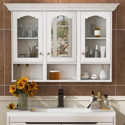 47"W Wall Mounted Bathroom Cabinet with Mirror, Over The Toilet Storage Cabinet with 3 Adjustable Shelves & Glass Doors, White - ModernLuxe