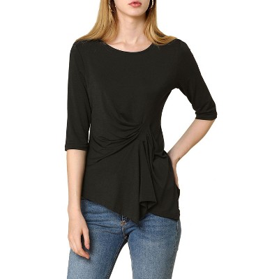 INSPIRE CHIC Women's Casual Asymmetrical Hem Ruched 3/4 Sleeves Round Neck Blouse Top