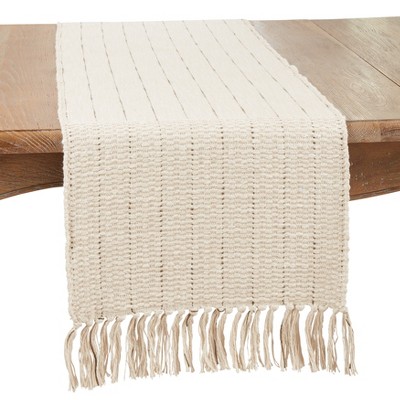 Saro Lifestyle Stripe Sophistication Fringe Cotton Table Runner, 16"x72", Beige