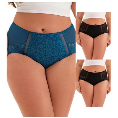 INSPIRE CHIC Women's Curve Size 3-Pack Lace Trim High Rise Solid Briefs Full Coverage Mesh Back Underwear