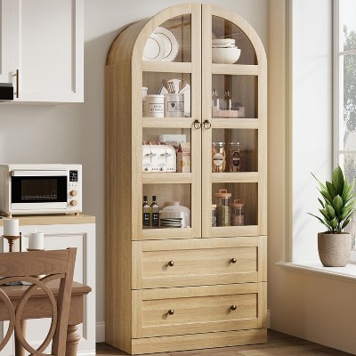 Nasitip 72" Arched Kitchen Pantry Cabinet, Retro  Tall Farmhouse Storage Cabinet with 2 Glass Doors, Drawers, and Adjustable Shelves