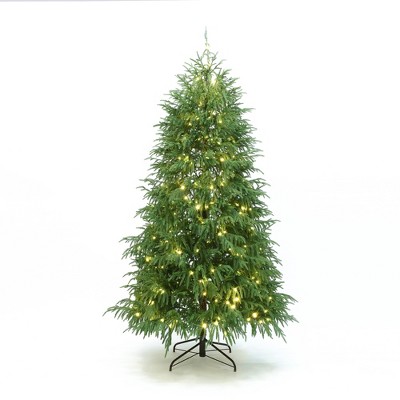LuxenHome 7Ft Pre-Lit Green Full Artificial Cedar Christmas Tree with Metal Stand