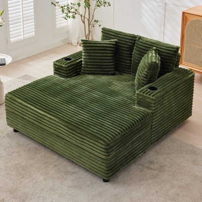 Oversized Chaise Lounge Chair Indoor, 60 Inch Upholstered Sofa Bed with Throw Pillows and Armrests, for Living Room, Bedroom, Office, Beige