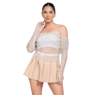 Slickblue Women's Sheer Off-Shoulder Crop Top, Shirred Fishnet Design, Festival Style, Black/Grey & Silver/Tan, Size S-L