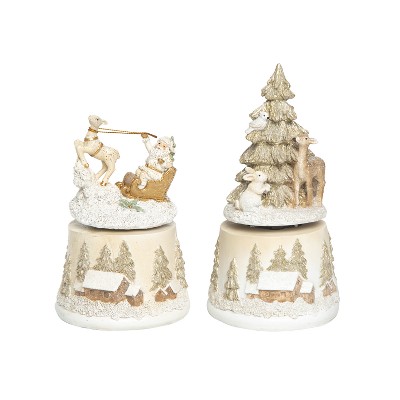 Transpac Resin Sleigh and Christmas Tree Music Box Set of 2 Holiday Home Decorations for Festive Cheer