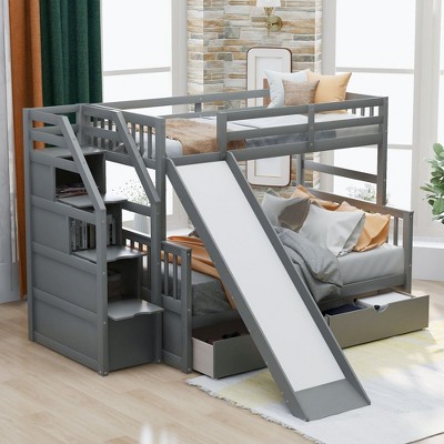 NicBex Twin Over Full Bunk Bed with Guardrail and Drawers and Slide,Loft Bed with Ladder and Storage Grids,Modern Bunk Beds,Bunk Beds for Bedroom