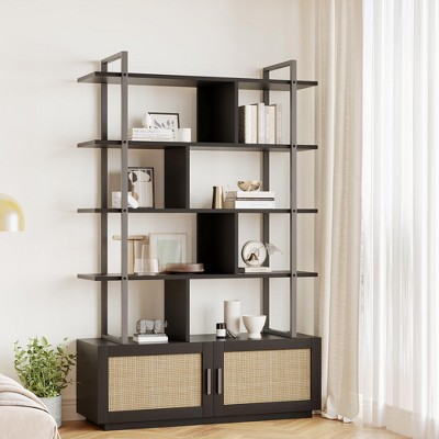 GustoWave Rattan Bookshelf,71.1 Inch Tall Industrial Bookcase with Storage Door,5 Shelf Bookcase with Metal Frame for Living Room