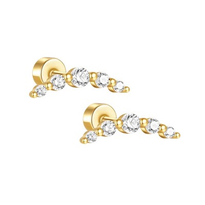 Graduated CZ Crawler Flat Back Earrings for Cartilage Helix Tragus Lobe Gold Plated Sterling Silver 1 pair by Ginger Lyne