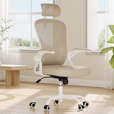Lirago Ergonomic Arm Chair Adjustable Headrest Lumbar Support High Back Mesh Office Chair Flip Up Armrests for Home Study Room Bedroom Khaki