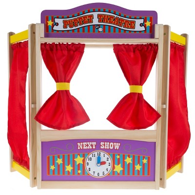 Toy Time Kids' Wooden Tabletop Puppet Theater With Curtains, Blackboard, and Clock - 26" x 30"