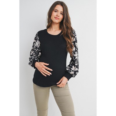 Hello Miz Ribbed Floral Puff Sleeve Maternity Top