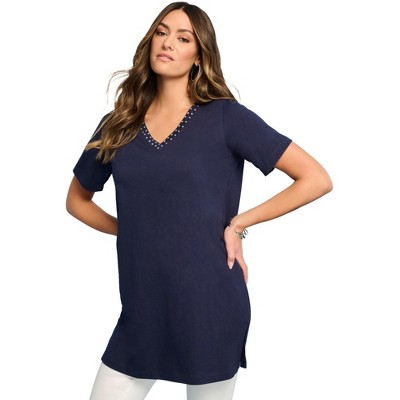 Roaman's Ultimate Rhinestone V Neck Tunic
