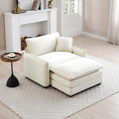 Corduroy Single Sofa with Footstool and Pillow, Deep Seat Lounge Chair for Living Room, Bedroom, Club