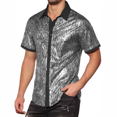 Lars Amadeus Men's Contrasting Color Short Sleeves Button Down Disco Party Sparkly Metallic Shirts