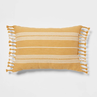 Oblong Woven Stripe Braided Fringe Decorative Throw Pillow Dark Gold - Threshold™: Cotton Blend, Indoor Lumbar Support