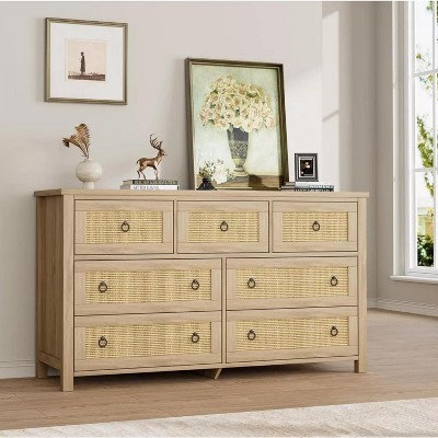 Jojoka 3/6/7 Drawer Rattan Dresser, Boho Wooden Chest for Bedroom, Storage Organizer for Nursery, Living Room, Entryway