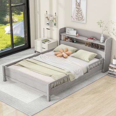 Full Size Platform Bed with Built-in LED Light, Storage Headboard and Guardrail