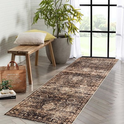 Traditional Distressed Area Rugs for Living Room Bedroom Non Slip Washable Medallion Pattern Printed Thin Carpet Rugs