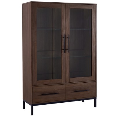 CLIHOME 60" Tall LED Lighting Display Cabinet with Tempered Glass Door, Modern Style Storage Cabinet with Two Drawers, Walnut