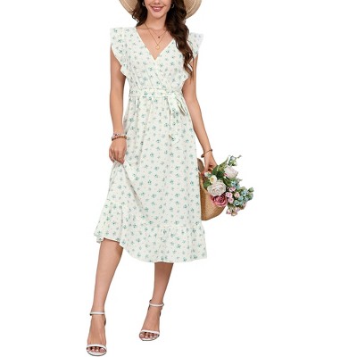 Women's Cross Neck Midi Floral Dress Flying Sleeve Summer Ruffle Pencil Skirt Dress With Waist Belt