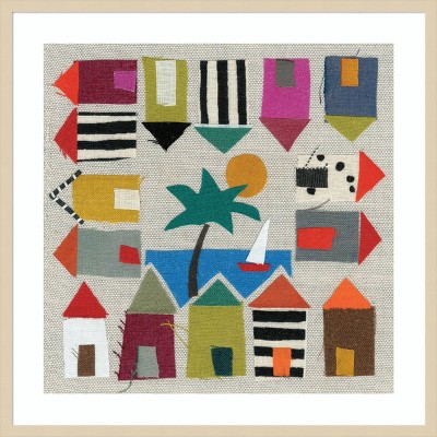 33" x 33" Beach Huts by Jenny Frean Wood Framed Wall Art Print - Amanti Art: Coastal Decor, Seaside Imagery