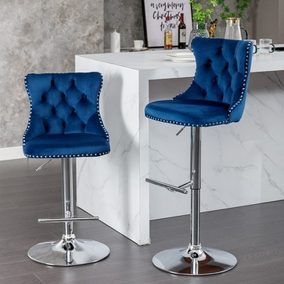 Swivel Velvet Barstools, Adjusatble Seat Height From 22-25 In, 360 ° Rotation Modern Upholstered Bar Stools With Silver Plated Base Stools