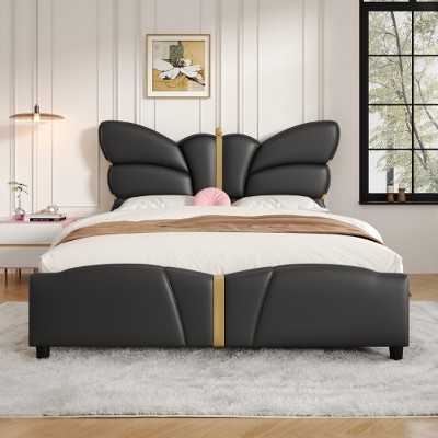 Lyngins Modern Butterfly-Shaped Platform Bed Frame with PU Leather Upholstered Headboard, Queen Bed Frame with Gold Metal Decor, No Box Spring Needed