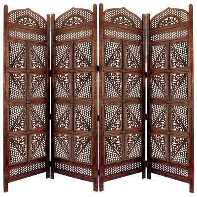 Benzara Traditional Four Panel Wooden Room Divider with Hand Carved Details Antique Brown