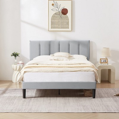 VECELO Upholstered Bed Frame with Adjustable Headboard, Heavy-Duty Platform Bed with Strong Wood Slat Support, No Box Spring Needed