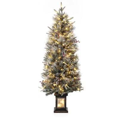 Coucheta 4.5Ft Pre-Lit Snow Flocked Christmas Tree with 8-Mode Warm White LEDs, Mini Pine Tree for Indoor/Outdoor Holiday Decor, Black Base