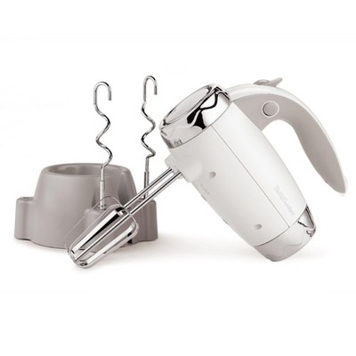 BETTY CROCKER Hand Mixer 7 Speed, 250 Watt Electric Mixer with Beaters and Dough Hooks, Ergonomic, with Stand and Soft Touch Handle