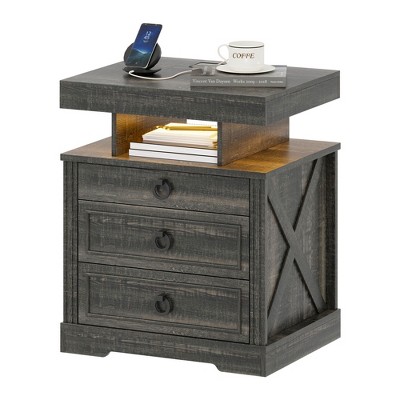 Fredees LED Nightstand with Charging Station, Intelligent End Table with 3-Color Motion Sensor Lights, Storage Drawers for Bedroom or Study Room