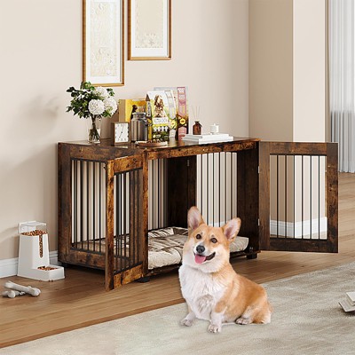 Dog Cage Furniture, Farmhouse Wood Metal Kennel Table with 3 Doors, Rustic Style Heavy Duty Dog Cage, Indoor Decorative Pet House Side Table